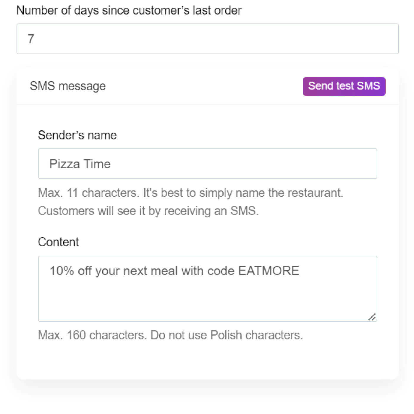 Restaurant SMS marketing - Step 2: Choosing message template