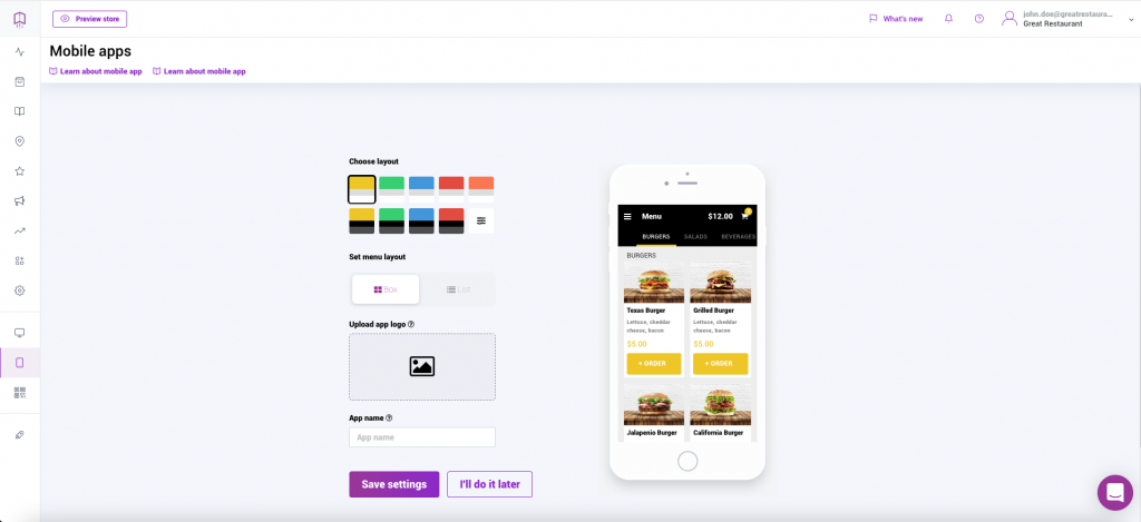 Food delivery app set up in UpMenu creator