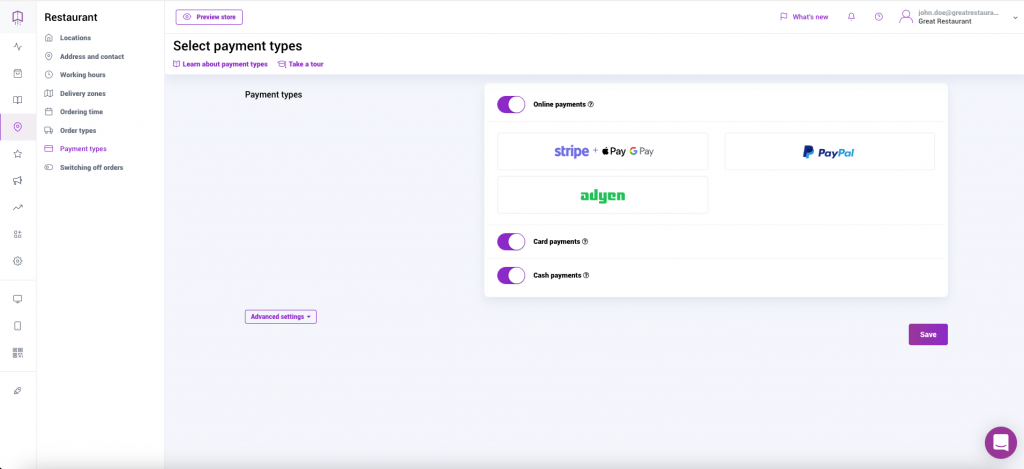 Set up payments methods for customers